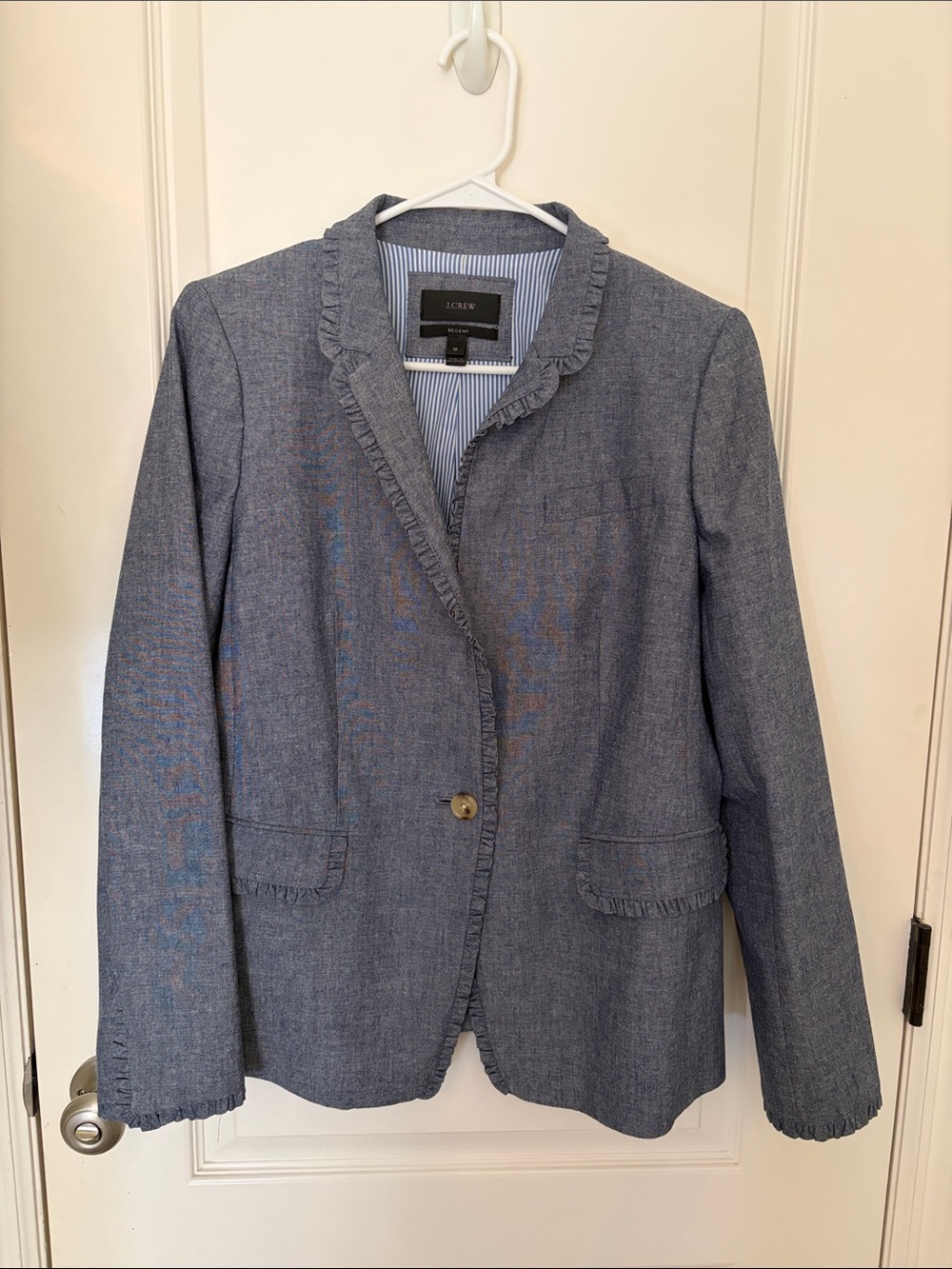 J. Crew Chambray Regent Blue Ruffle-Trim Blazer
